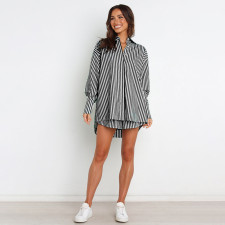 Stripe Long Sleeve Shirt Two Piece Shorts Set SSNF-211032