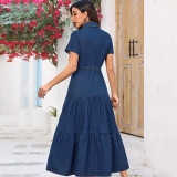 Plus Size Short Sleeve Lapel Denim Maxi Dress GDAM-218510