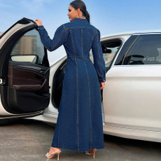 Long Sleeve Single Breasted Denim Maxi Dress GDAM-218627