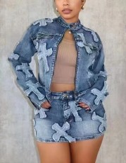 Fashion Denim Zipper Jackets Two Piece Skirts Set GQLF-8505
