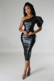 Plus Size Slash Shoudler PU Leather Bodycon Dress GHXF-HX0365