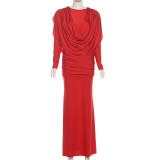 Long Sleeve Pleated Patchwork Maxi Dress GZJQ-K25D82048