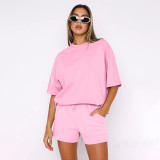 Short Sleeve Solid Two Piece Shorts Set SSNF-211299