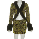 Fur Collar Patchwork V-Neck Top and Mini Skirt Set GZJQ-K25S82007