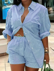 Plus Size Long Sleeve Stripe Print Shirt Shorts 2 Piece Set HNIF-DHN124