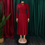 Solid Color Long Sleeve Pleated Maxi Dress GMLF-3252