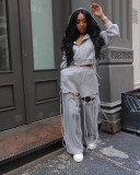 Plus Size Zipper  Hooded Wide Leg Pants Suit NY-3766