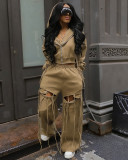 Plus Size Zipper  Hooded Wide Leg Pants Suit NY-3766