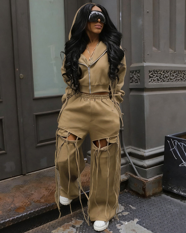 Plus Size Zipper  Hooded Wide Leg Pants Suit NY-3766