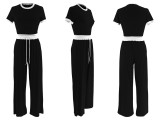 Rib Contrast Color Short Sleeve Pants Suit HNIF-M3152