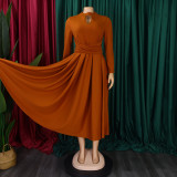 Solid Color Long Sleeve Pleated Maxi Dress GMLF-3252