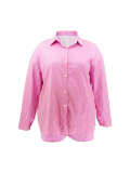 Plus Size Long Sleeve Stripe Print Shirt Shorts 2 Piece Set HNIF-DHN124