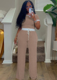Rib Contrast Color Short Sleeve Pants Suit HNIF-M3152