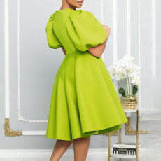 Plus Size Puff Sleeve A-Line Midi Dress GMLF-3178