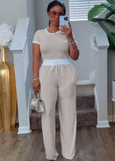 Rib Contrast Color Short Sleeve Pants Suit HNIF-M3152