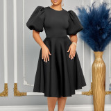 Plus Size Puff Sleeve A-Line Midi Dress GMLF-3178