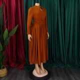 Solid Color Long Sleeve Pleated Maxi Dress GMLF-3252