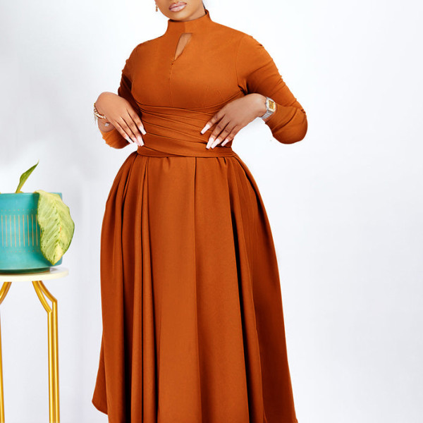 Solid Color Long Sleeve Pleated Maxi Dress GMLF-3252