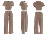Rib Contrast Color Short Sleeve Pants Suit HNIF-M3152