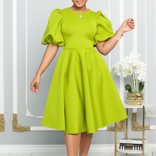 Plus Size Puff Sleeve A-Line Midi Dress GMLF-3178