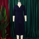 Plus Size Blazer Neck Solid Color Pleated Midi Dress GMLF-3291