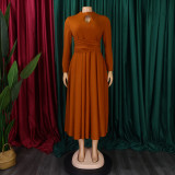 Solid Color Long Sleeve Pleated Maxi Dress GMLF-3252