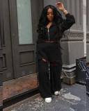 Plus Size Zipper  Hooded Wide Leg Pants Suit NY-3766