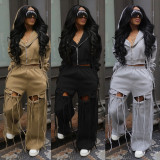 Plus Size Zipper  Hooded Wide Leg Pants Suit NY-3766