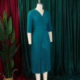 Plus Size Blazer Neck Solid Color Pleated Midi Dress GMLF-3291