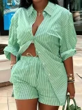 Plus Size Long Sleeve Stripe Print Shirt Shorts 2 Piece Set HNIF-DHN124