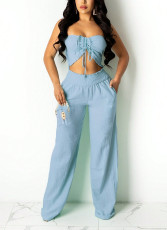 Solid Color Wrap Chest Loose Two Piece Pants Set XHXF-8593