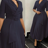 Plus Size Blazer Neck Solid Color Pleated Midi Dress GMLF-3291