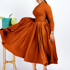 Solid Color Long Sleeve Pleated Maxi Dress GMLF-3252