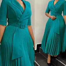 Plus Size Blazer Neck Solid Color Pleated Midi Dress GMLF-3291