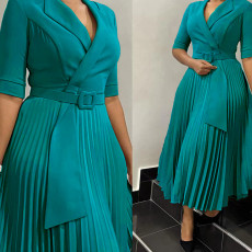 Plus Size Blazer Neck Solid Color Pleated Midi Derss GMLF-3291