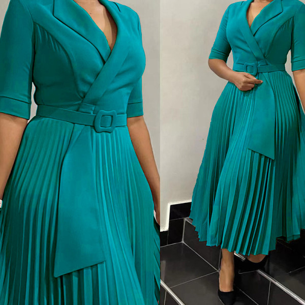 Plus Size Blazer Neck Solid Color Pleated Midi Dress GMLF-3291