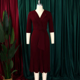 Plus Size Blazer Neck Solid Color Pleated Midi Dress GMLF-3291