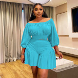 Plus Size Pleated One Shoulder Two Piece Short Set NNWF-8067