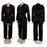 Plus Size Zipper  Hooded Wide Leg Pants Suit NY-3766