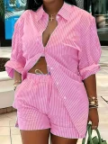 Plus Size Long Sleeve Stripe Print Shirt Shorts 2 Piece Set HNIF-DHN124
