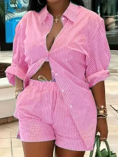 Plus Size Long Sleeve Stripe Print Shirt Shorts 2 Piece Set HNIF-DHN124
