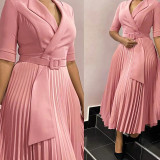 Plus Size Blazer Neck Solid Color Pleated Midi Dress GMLF-3291
