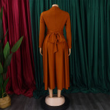 Solid Color Long Sleeve Pleated Maxi Dress GMLF-3252