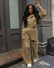 Plus Size Zipper  Hooded Wide Leg Pants Suit NY-3766