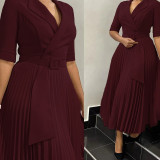 Plus Size Blazer Neck Solid Color Pleated Midi Dress GMLF-3291