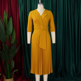 Plus Size Blazer Neck Solid Color Pleated Midi Dress GMLF-3291