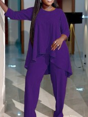 Plus Size Solid Color Irregular Tops Pants Suit GAWE-TB5821