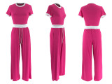 Rib Contrast Color Short Sleeve Pants Suit HNIF-M3152