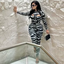 Hollow Out Patchwork Bodysuit Two Piece Pants Set MXBF-J25ST306
