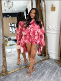 Print Long Sleeve Ruffles Two Piece Shorts Set MDF-L5553